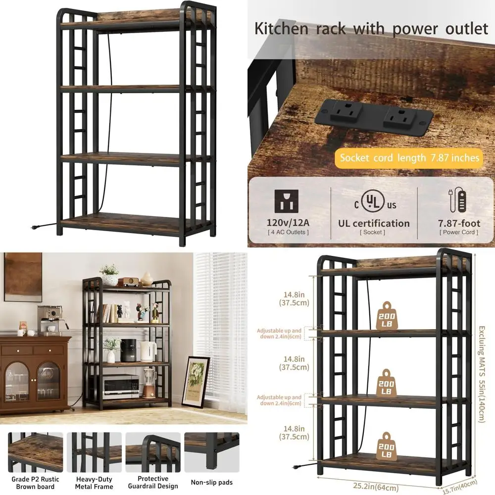 

Rustic 4-Tier Baker's Rack with Black Frame, Top Outlet, 70 lbs Capacity, Adjustable Shelves for Kitchen & Coffee Bar