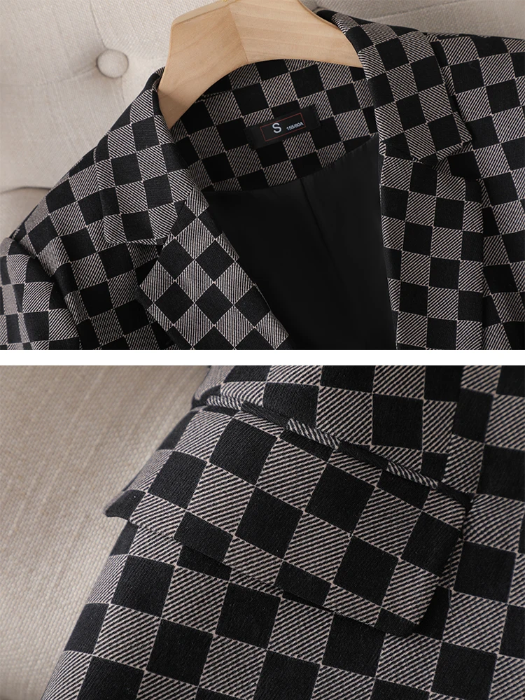 Fashion Women Casual Green Black Plaid Blazer Coat Female Long Sleeve Single Button Straight Jacket Ladies  Women Blazers