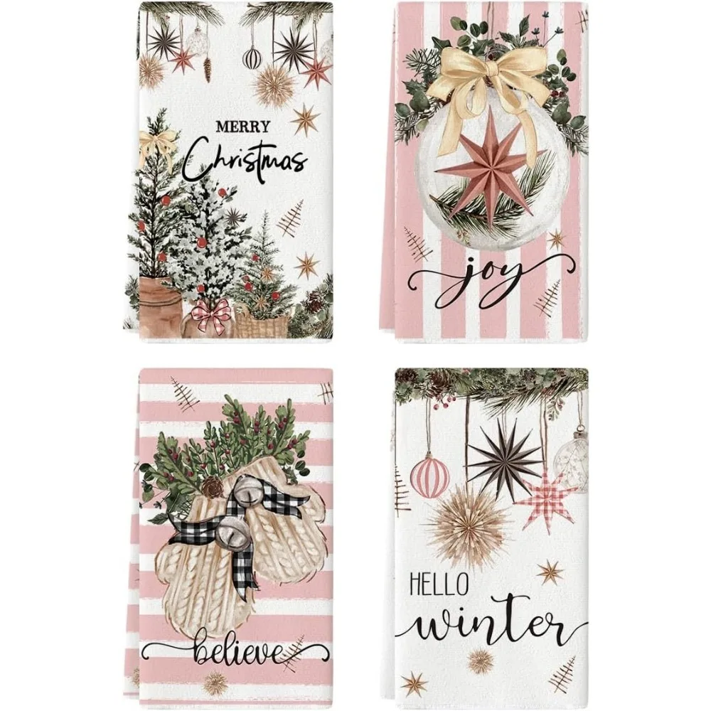 

Tree Merry Christmas Kitchen Towels Dish Towels, 18x26 Inch Holiday Gloves Ball Hello Winter Decoration Hand Towels Set of 4
