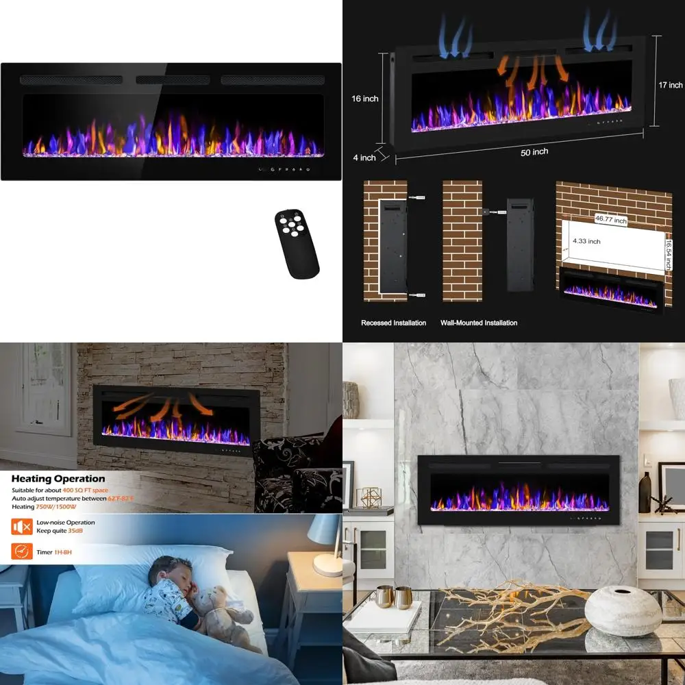 Cheminée murale électrique de 50 pouces avec télécommande, chauffage mince 750 W/1500 W avec minuterie et réglages réglables