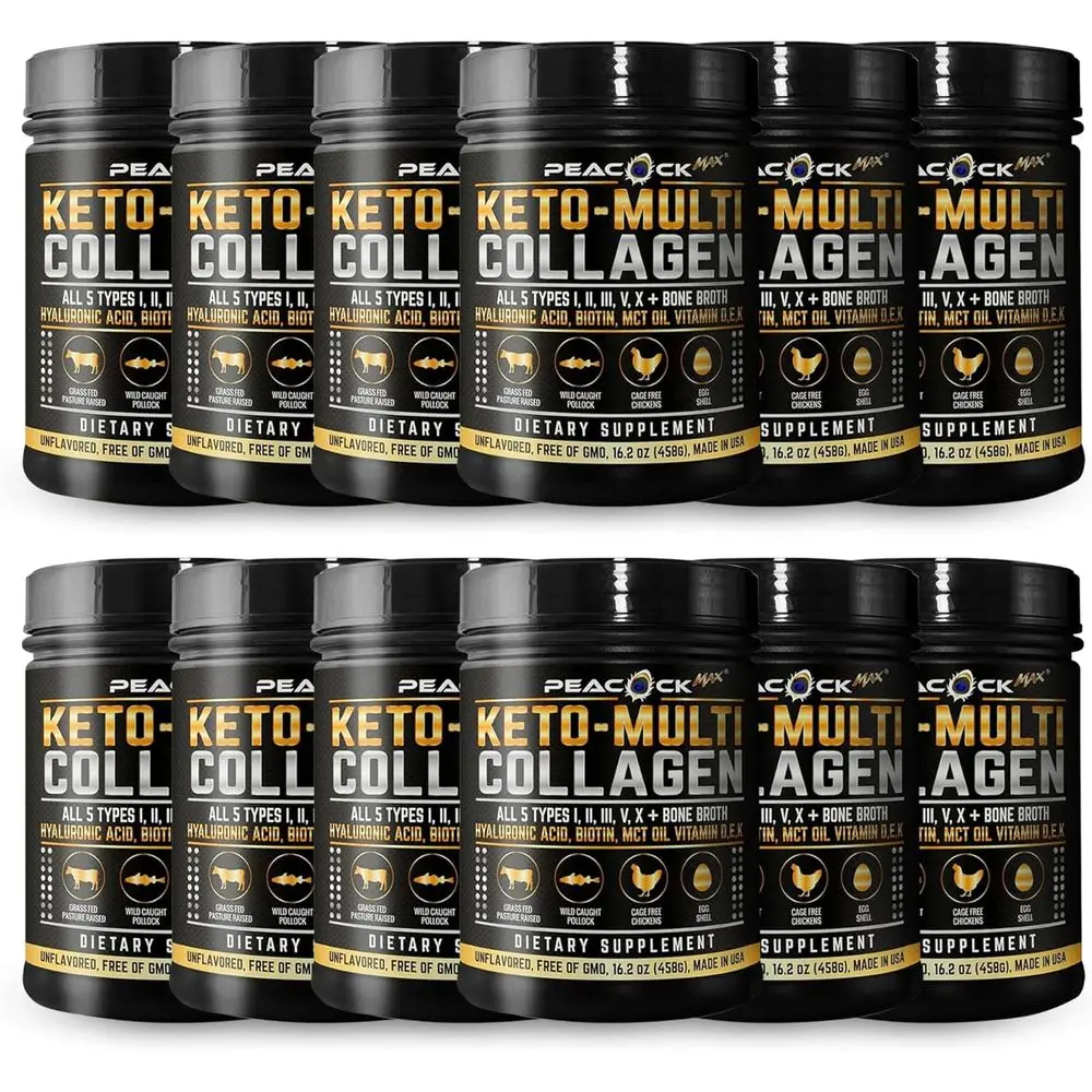 

Collagen Protein Powder 16.2 oz (12 Pack) - 5 Collagen Types, Bone Broth, Hydrolyzed Proteins, Biotin, MCT Oil, Unflavored, Supp