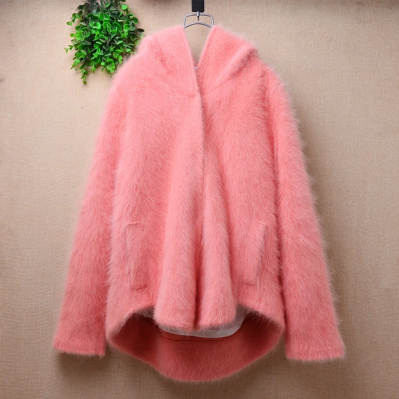 

Women Mujer Autumn Winter Thick Warm Pink Hairy Mink Cashmere Knitted Hooded Long Sleeves Loose Cardigans Sweater Jacket Coat