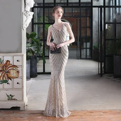 Women's  Sequins Glitter V Neck Beads Maxi Gown Evening Long Prom Dress Prom Party Dresses