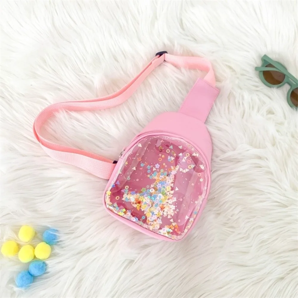 Fashion Transparent Crossbody Bag PU Leather Flowing Sand Shoulder Bag Solid Color Lightweight Chest Bags Children