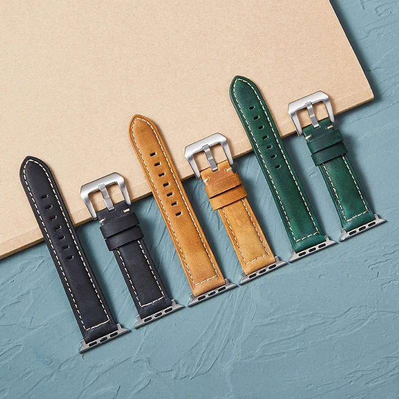 

Crazy Horse Leather Watch Straps For Apple Series SE/6/5/4/3 Handmade Cowhide Strap 38mm 42mm For Iwatch Watchband 44mm 40mm