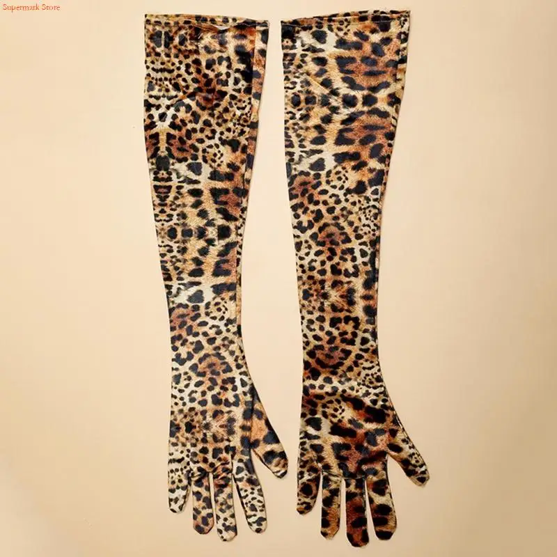 Q5WE Spring Autumn Women Long Gloves with Leopard Print Pattern Dinner Dress Gloves Elastic Warm Driving Gloves