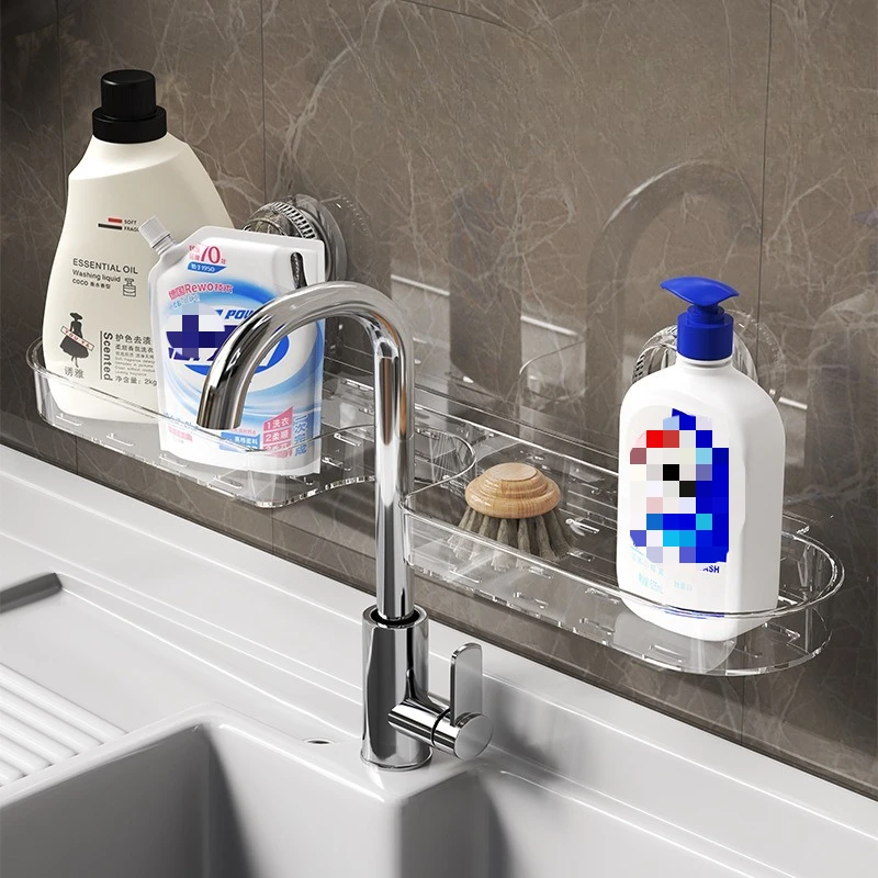 Acrylic Organizer Shelf Over The Bathroom Faucet /Kitchen Sink Suction Cup Mirror Front Wall-mounted Countertop Storage Rack