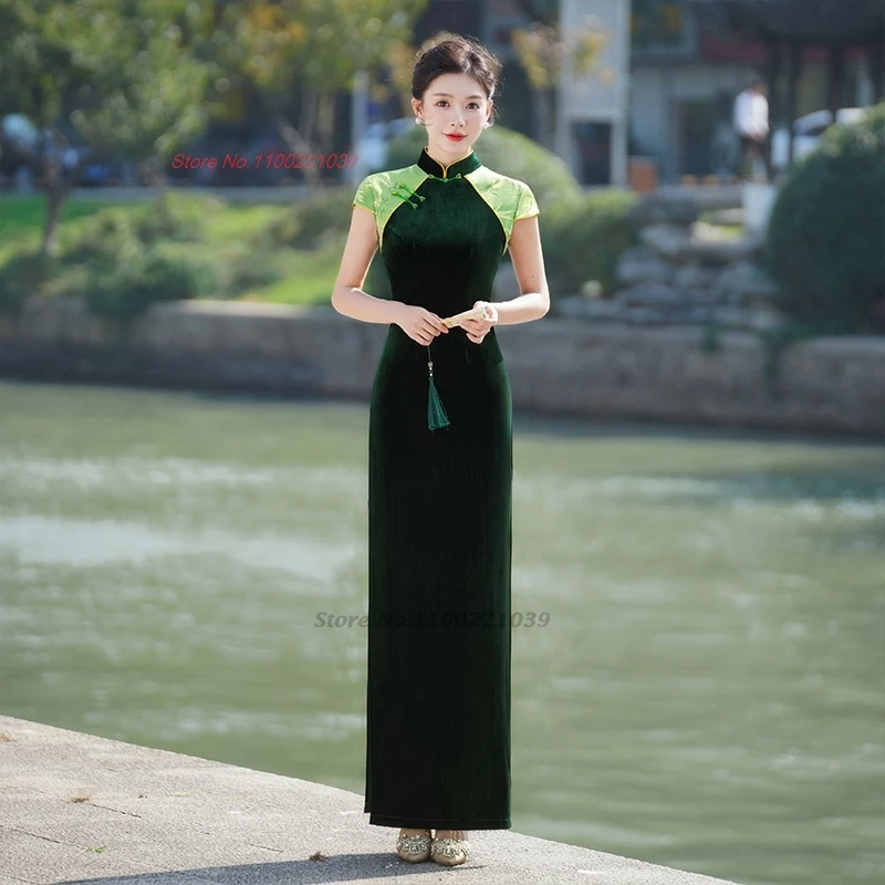 

2025 chinese improved cheongsam traditional velvet patchwork qipao performance dress retro banquet evening dress qipao vestido