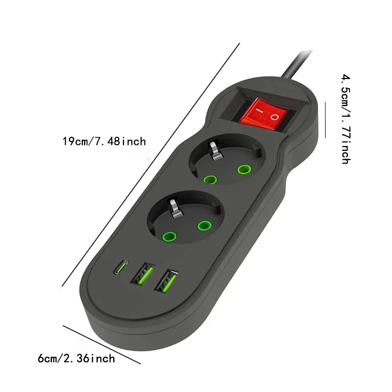 EU-stekker stekkerdoos 2/3/4/5 stopcontact Multitap-verlenging 10A met 2 USB 1 Type-C-poorten 2 m snoer stopcontact 2500 W