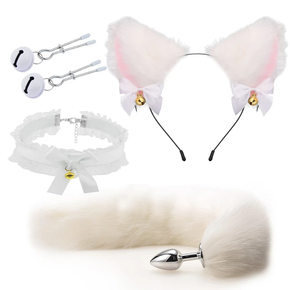 Sex Toys Fox Anal Plug Foxtail Bow Metal Butt Anal Plug Cute Bow-Knot Soft Cat Ears Headbands Erotic Cosplay Couples Accessories