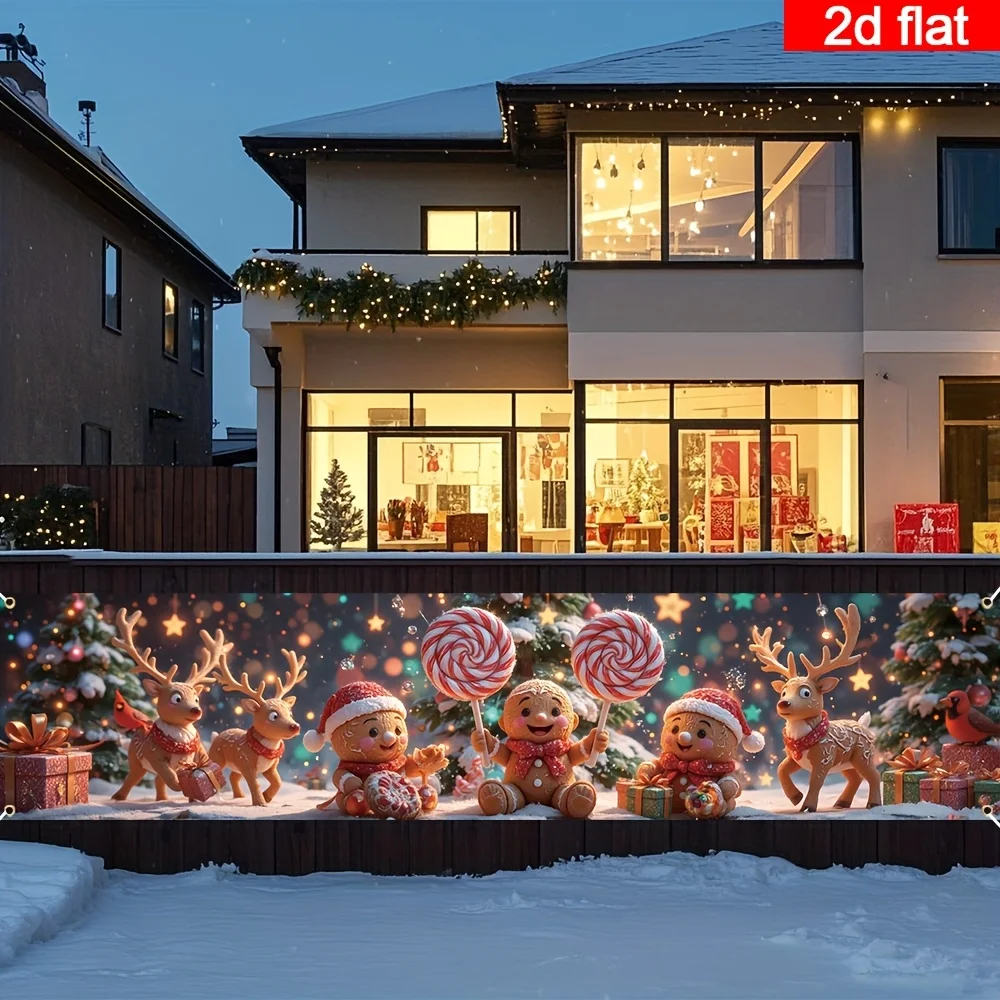 1pc 2D Flat Christmas Yard Banner, Gingerbread Reindeer Pattern, Outdoor Yard Fence Balcony Party Holiday Decor