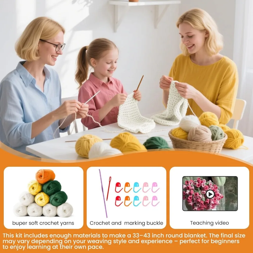Beginner Crochet Kit – DIY Floral Blanket with Hook, Pattern & Step-by-Step Video Tutorial, Easy Craft Gift for Women, Christma