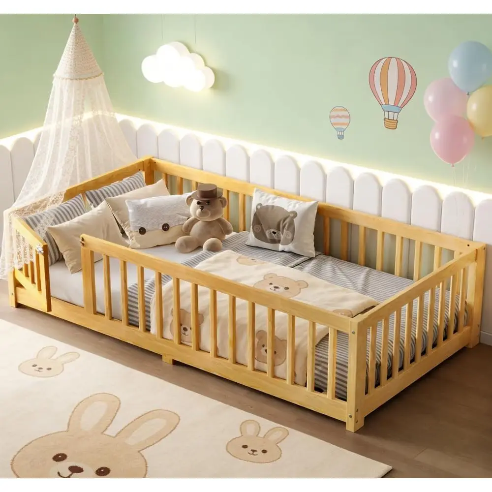 

Twin Size Pine Floor Bed with Rails and Slats, Natural Finish