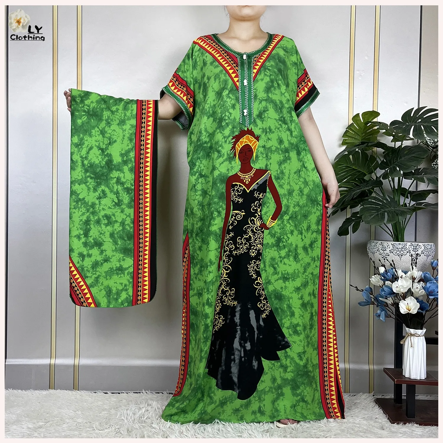 2023 New African Style Short Sleeve Dresses Cotton Pattern Printing Muslim Loose Robe Women Elegant Dress African Abaya Clothes