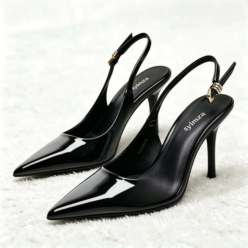 Sexy Leopard-print Patent Leather Slingback Pumps Women Fashion Pointed-toe Metal Buckle Designer Shoes Unique Party Dress Shoes
