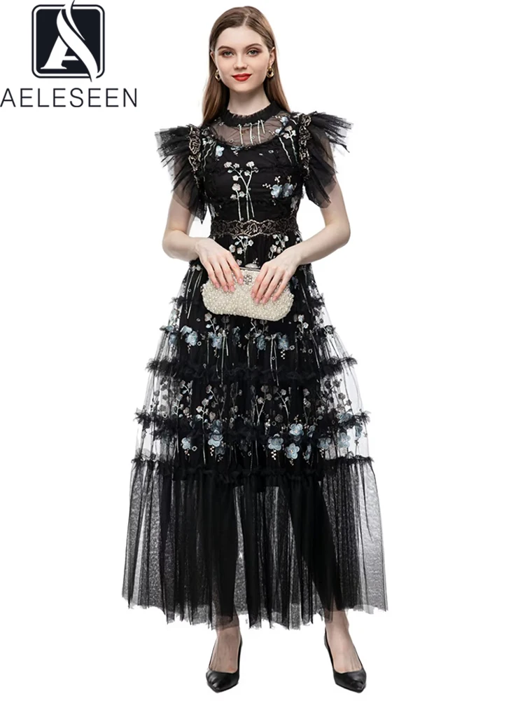 

AELESEEN High Quality Women Black Dress Runway Fashion Batterfly Sleeve Mesh Flower Embroidery Ruffles Gauze Elegant Party