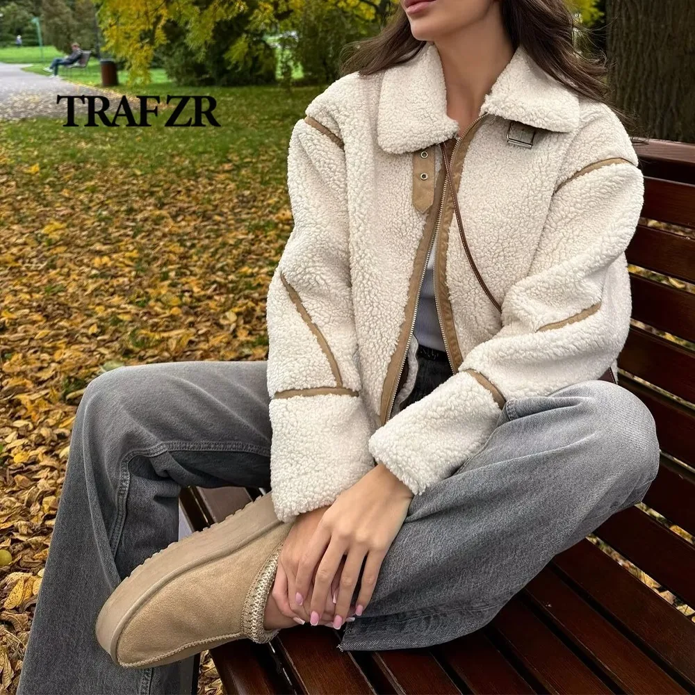 TRAF ZR Women's Winter Jacket with zipper Faux Shearling Jacket for Women Collared jacket with long sleeves and Featuring trims