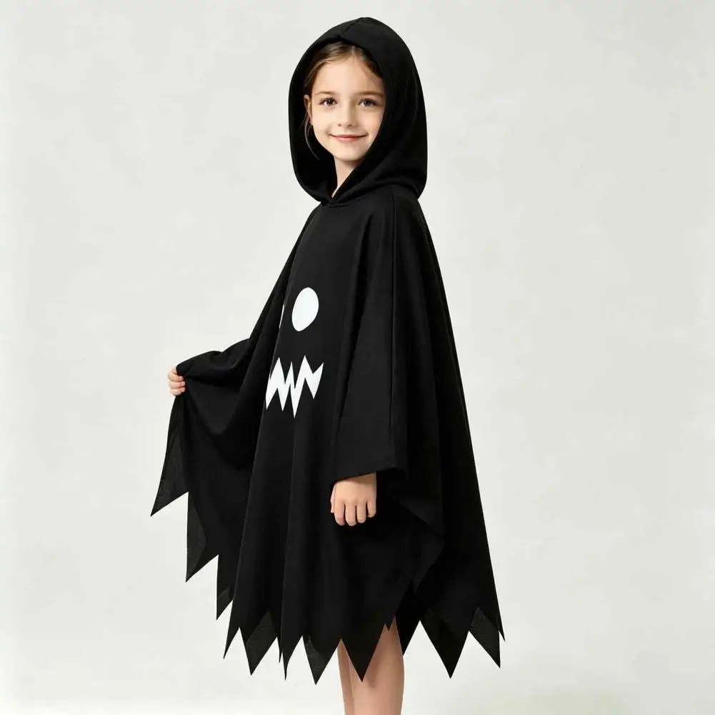 Hooded Ghost Costume White/Black Cape Costume for Kids Adults Spooky Halloween Party Outfit with Wave Edge for Cosplay Party