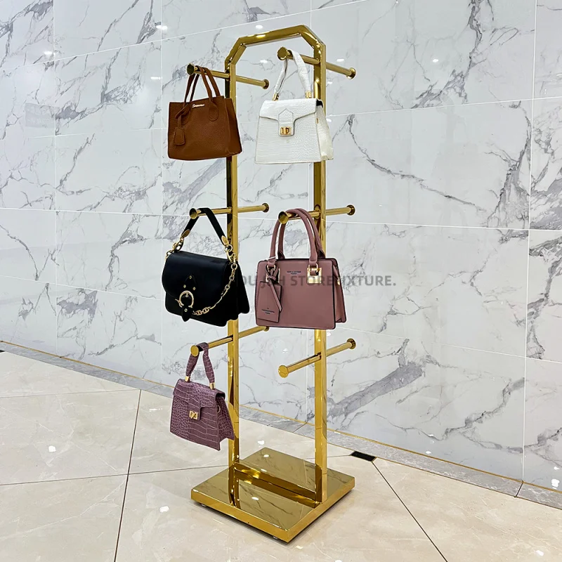 Customized. Modern shop interior design bag stand holder display rack double rail handbag bag hanger hook hanging