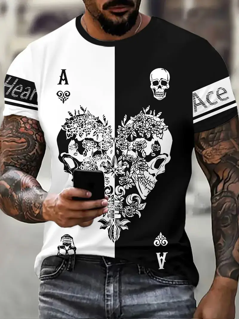 2025 Retro Skull Poker A Cards Pattern T-shirt 3D Print Hip Hop Trend Short Sleeve T shirt Fashion Men Women Personality Tee Top