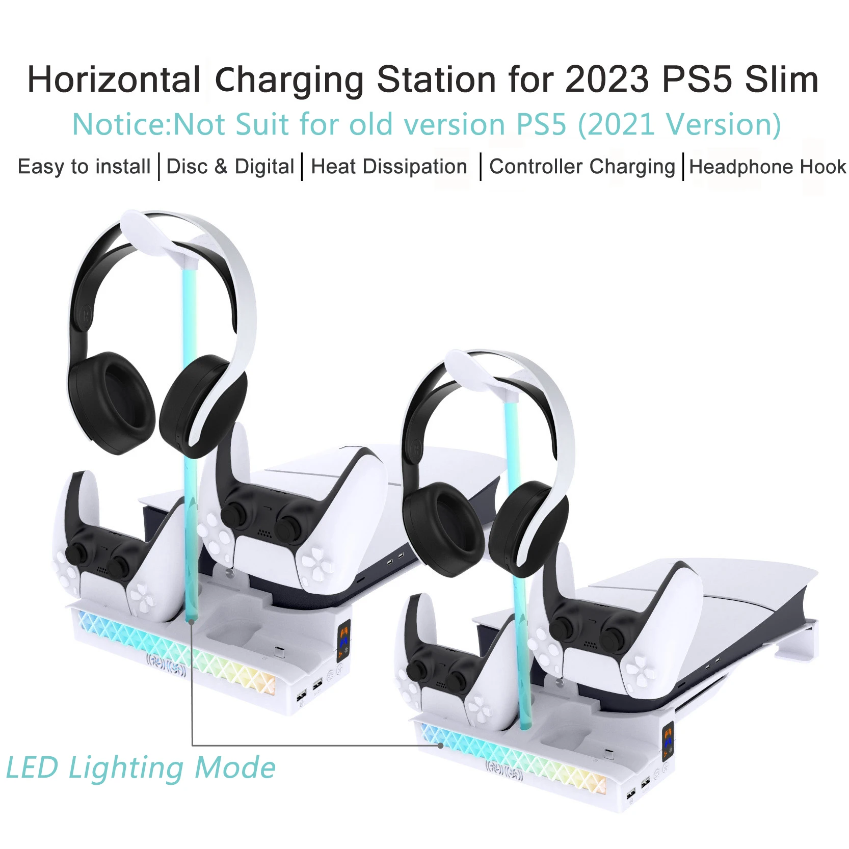 

Multifunctional Cooling Fan With RGB Light Effect For PS5 Slim Console Horizontal Bracket With Dual Controller Charging Station