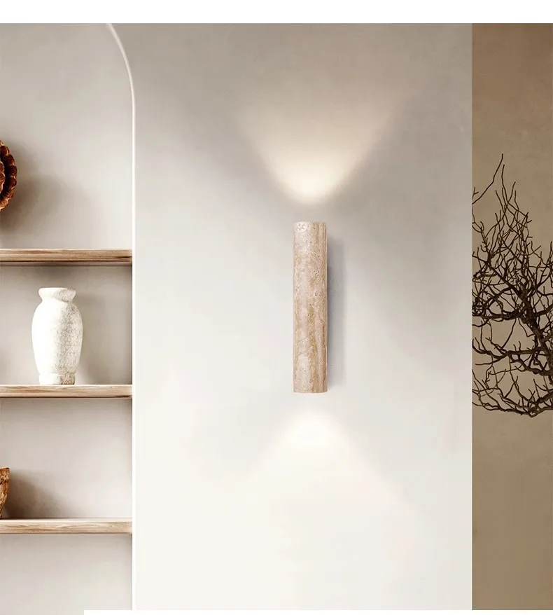

Wabi Sabi Style Yellow Travertine Wall Lamp Vintage Stone and Wood Sconce Light for Bedroom Bedside Living Room Stair Home Decor
