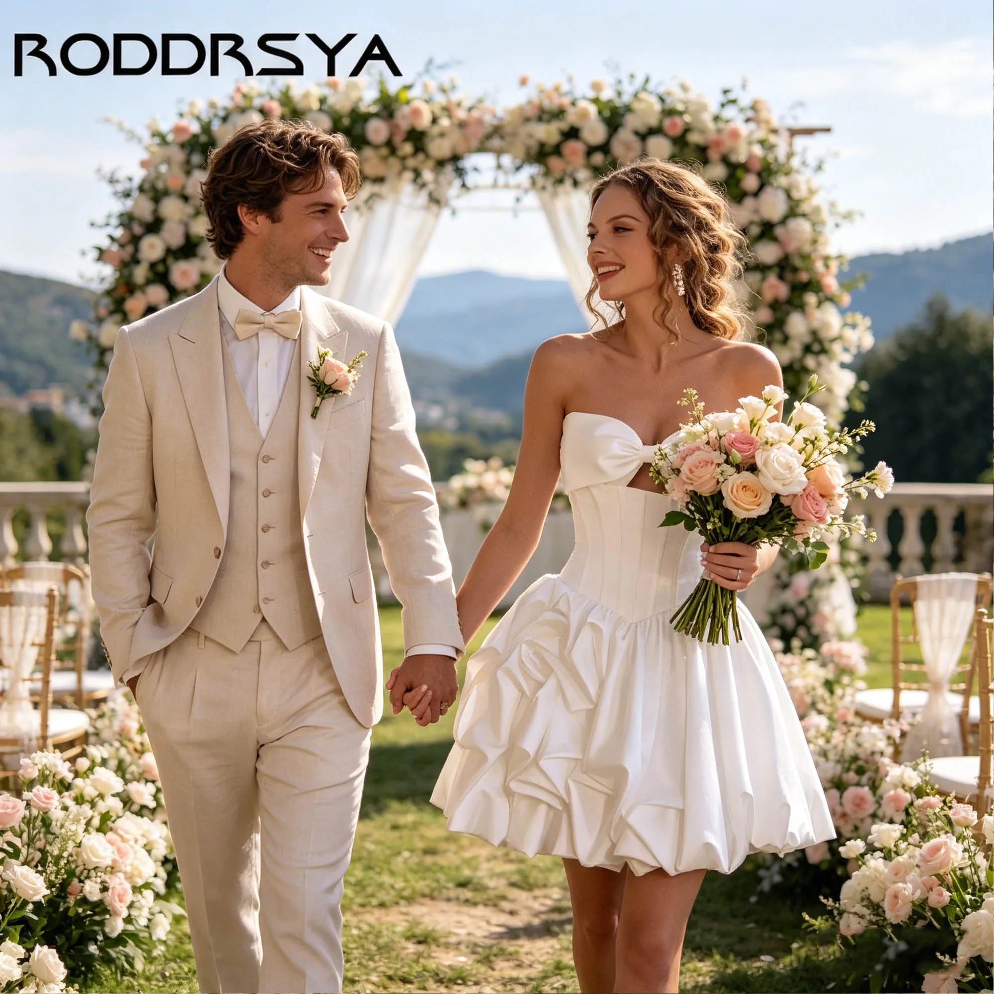 

RODDRSYA Strapless Satin Mini Wedding Dress With Bow Minimalism A-line Modern Bridal Party Gown Sexy vestido de novia Customized