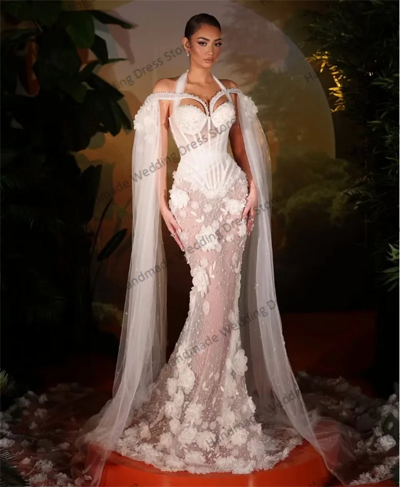 

Luxury Wrap Cape Wedding Dress Sexy Halter Sleeveless Luxury 3D Flower Mermaid Bridal Gown Customized Beach Garden Long Robe