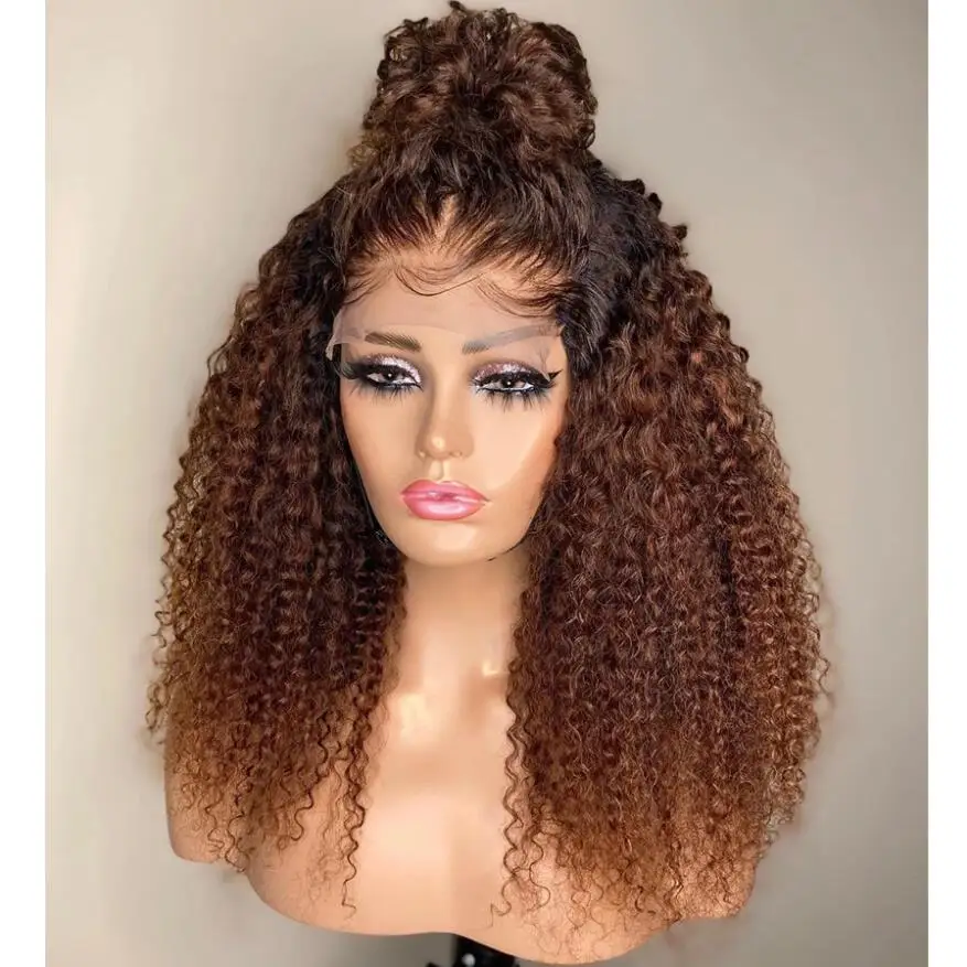 Perruque Lace Front Wig crépue bouclée sans colle pour femmes noires, cheveux naturels, cheveux de bébé, préplumés, marron, densité 180, 26 po, degré de chaleur, 03/Wigs