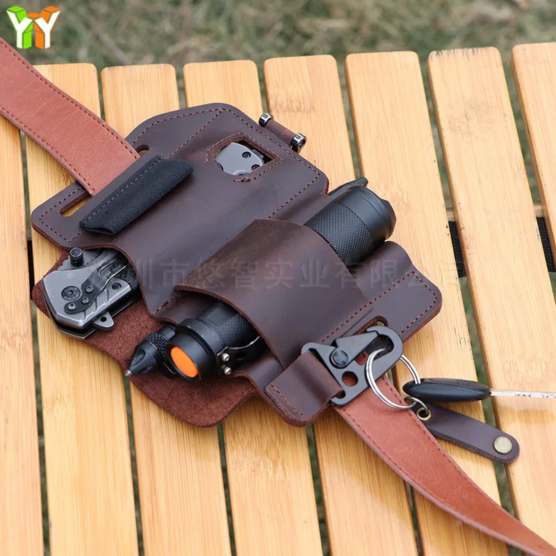新しい牛革メンズアウトドアツールウエストバッグキャンプ懐中電灯スチールナイフレザーカバー包装