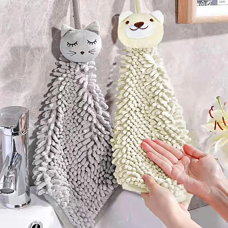 Cute Chenille Hand Towels for Bathroom Kitchen Cartoon Hand Towel with Hanging Loops Quick Dry Soft Absorbent Microfiber Towels