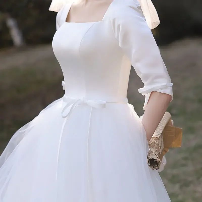 GIYSILE-Robe de Soirée Minimaliste, Tenue de Mariage Légère, Style Hepburn Français, Mignonne, Col Carré, Manches Mi-longues