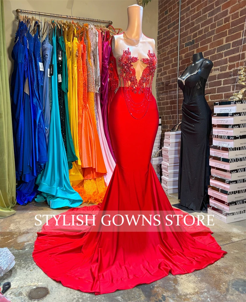 Elegante Red Tassel Prom Vestidos Longo Sereia Bead Appliques Formal Vestido Preto Meninas O Pescoço Beleza Pageant Vestidos Personalizado