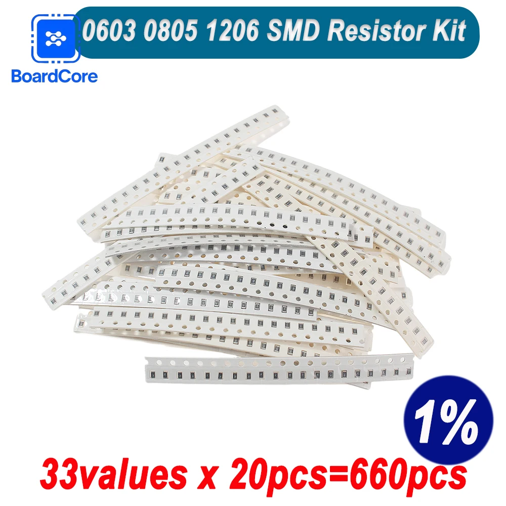 660PCS/lot 0603 0805 1206 SMD Resistor Assorted Kit 1% 33Values Each 20pcs 1R-1M Resistance Set 10K 100K 1K 100R