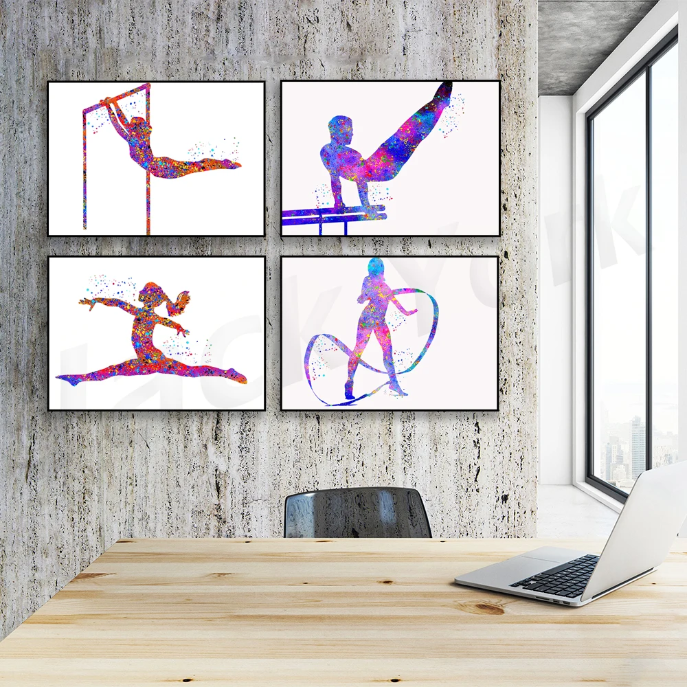 Gymnast Girl Nursery Wall Art Gift Girl Gymnastics Watercolor Print Bedroom Decor Painting Gift for Her On Bar  Sports Poster
