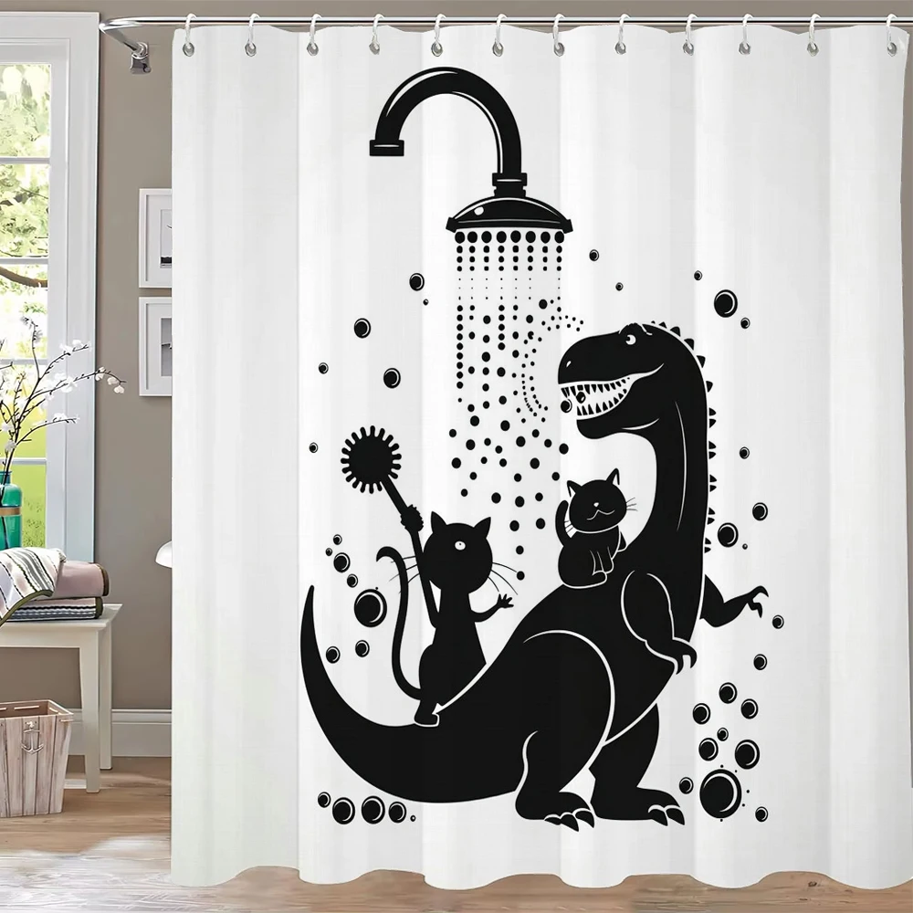 Funny Bathing Dinosaur Shower Curtains Black Cat Animal Silhouette Kids Bath Curtain Modern Polyester Bathroom Decor with Hooks view 4