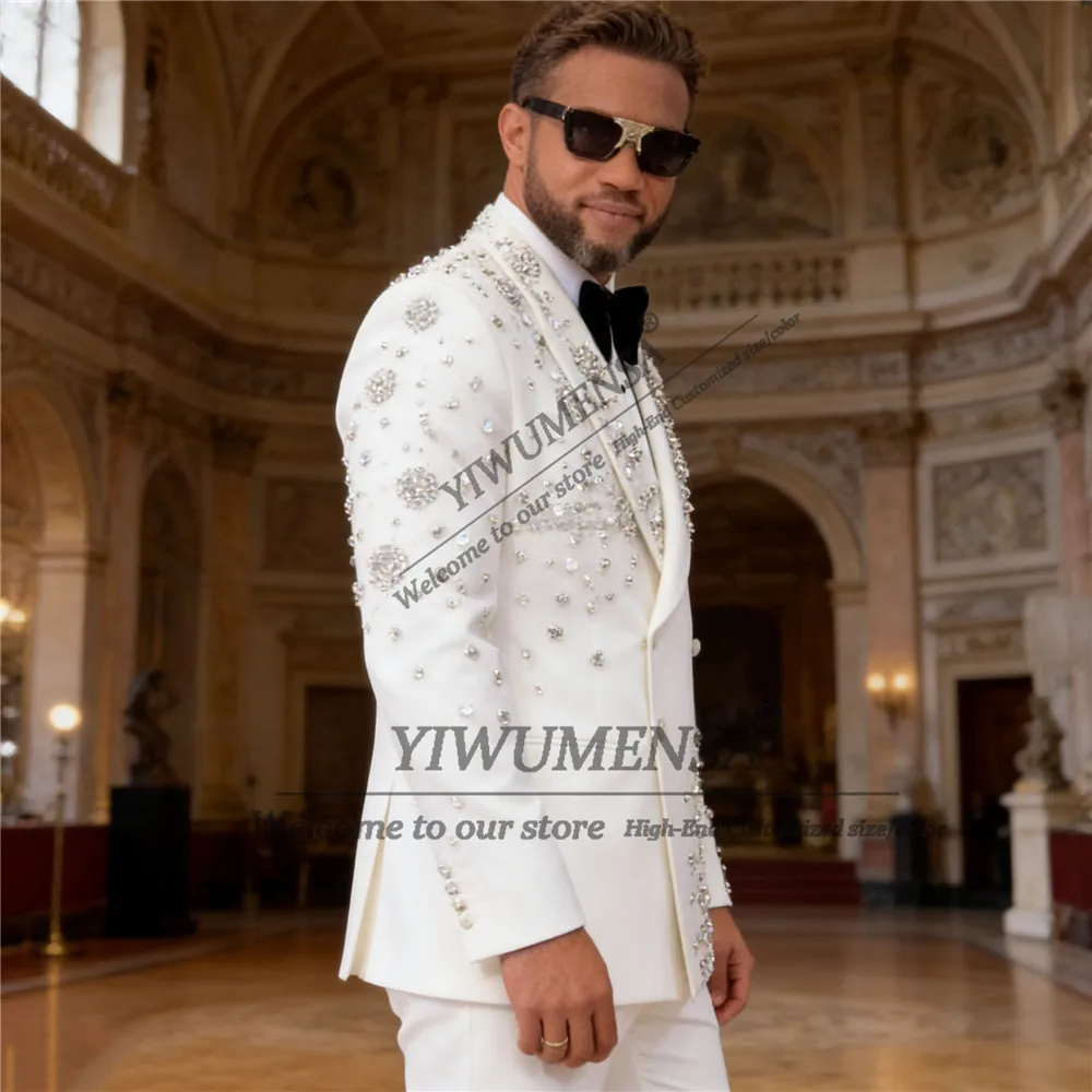 

Luxury Suit Men 2 Piece Sets Sliver Beaded Stones Prom Blazers Customized Man Formal Wear Tuxedos Double Breasted Groom Attire