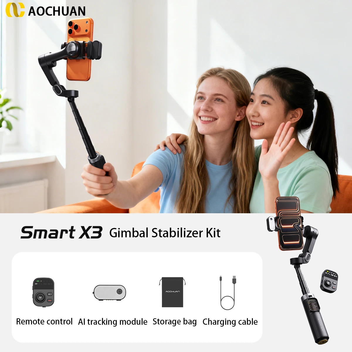 AOCHUAN Handheld Gimbal Stabilizer Smart X3 AI Tracking Ingebouwde 51 CM Verlengstuk voor iPhone 17 16 15 Android Vlog Schieten
