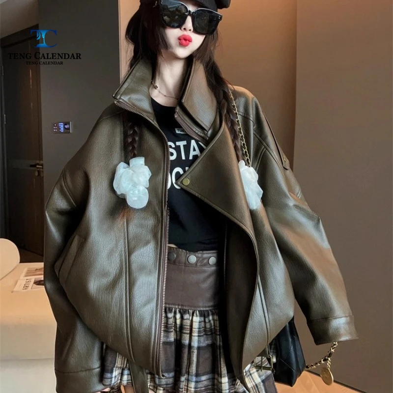 Jaqueta de couro pu solta elegante, designer emagrecimento casual versátil jaqueta de motocicleta, roupa de outono feminina 2025 novo modelo