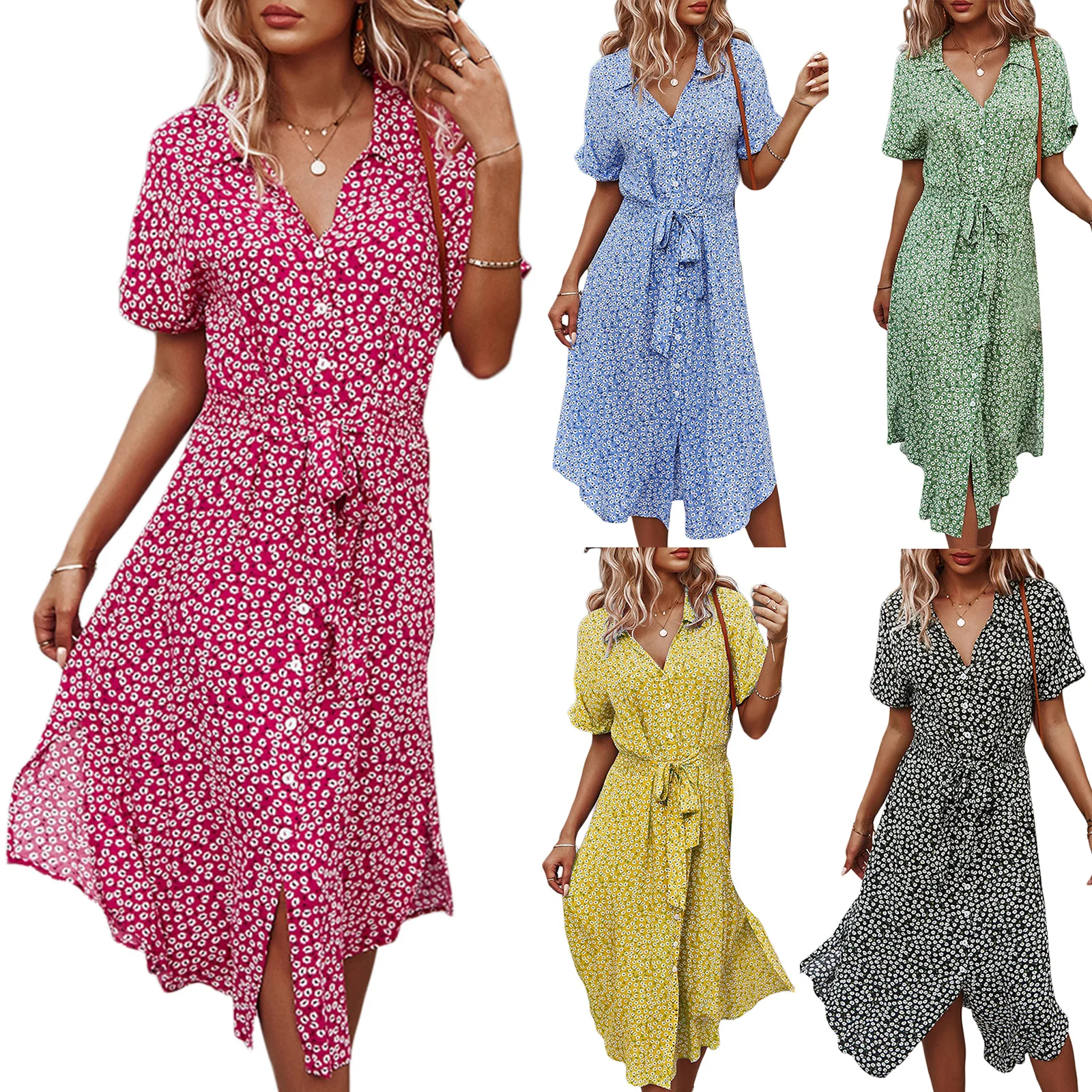 Damen Sommer ästhetische Button-up-Midi-Kleid, Kurzarm ästhetischen Blumen ästhetischen Druck Kordel zug lose Hemd Kleid