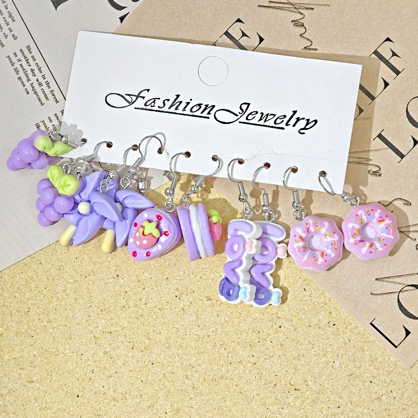 Fashion Colorful Resin Beach Earrings Set Creative Imitation Cloud Flower Fruit Ice Cream Bread Pendant Dopamine Earrings