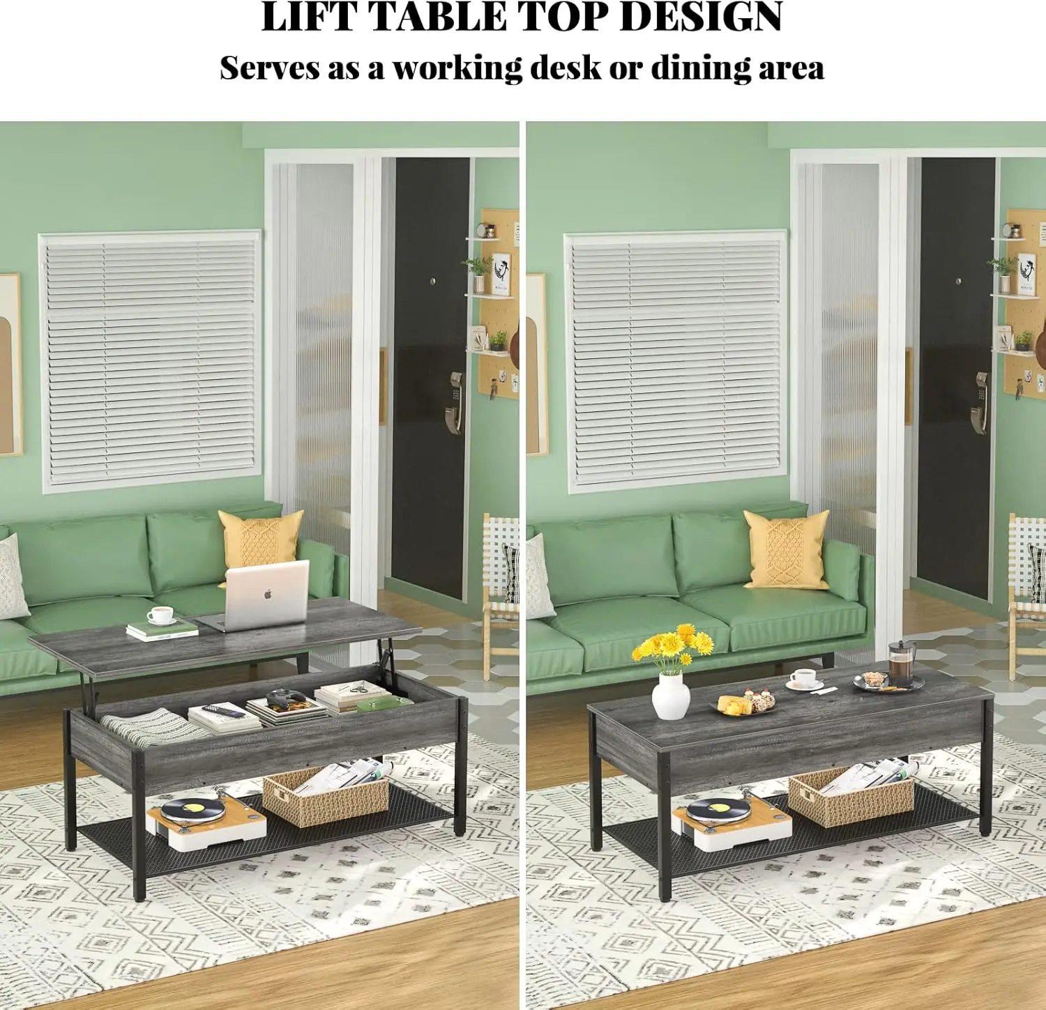 Tavolino da caffè sollevabile con ripiano portaoggetti e scomparto nascosto, tavolo sollevabile moderno per soggiorno, tavolo sollevabile in legno