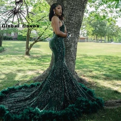 Green Halter Long Prom Dresses Black Girls 2026 Feathers Sequin Evening Dress Mermaid Wedding Party Gowns Robe De Bal Customized