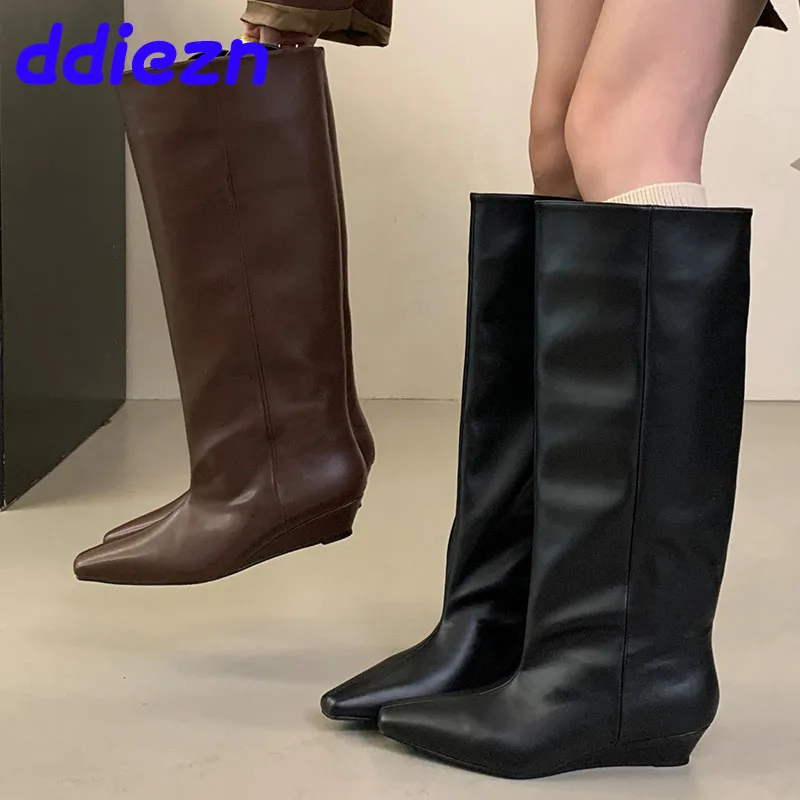 

New Women Knee High Western Boots With Wedges Shoes Fashion Female Slip On Footwear Long Booties For Ladies Low Heel Shoes