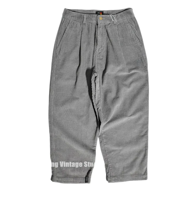 سروال قصير عالي الجودة أمريكي ريترو مطوي سروال ياباني فضفاض واسع الساق غير رسمي مستقيم الساق للرجال