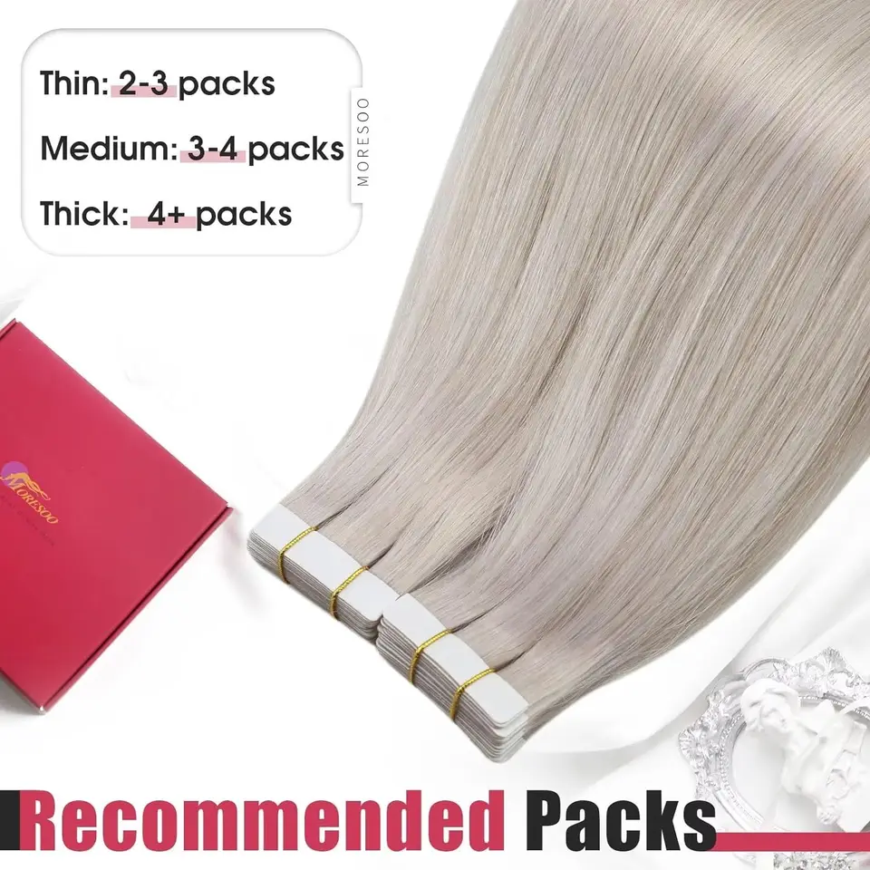 Moresoo Extensiones de Cabello con Cinta, Balayage, Cabello Humano Real Remy para Mujer, Invisibles y Sin Costuras, PU Skin Weft, Lacio 5