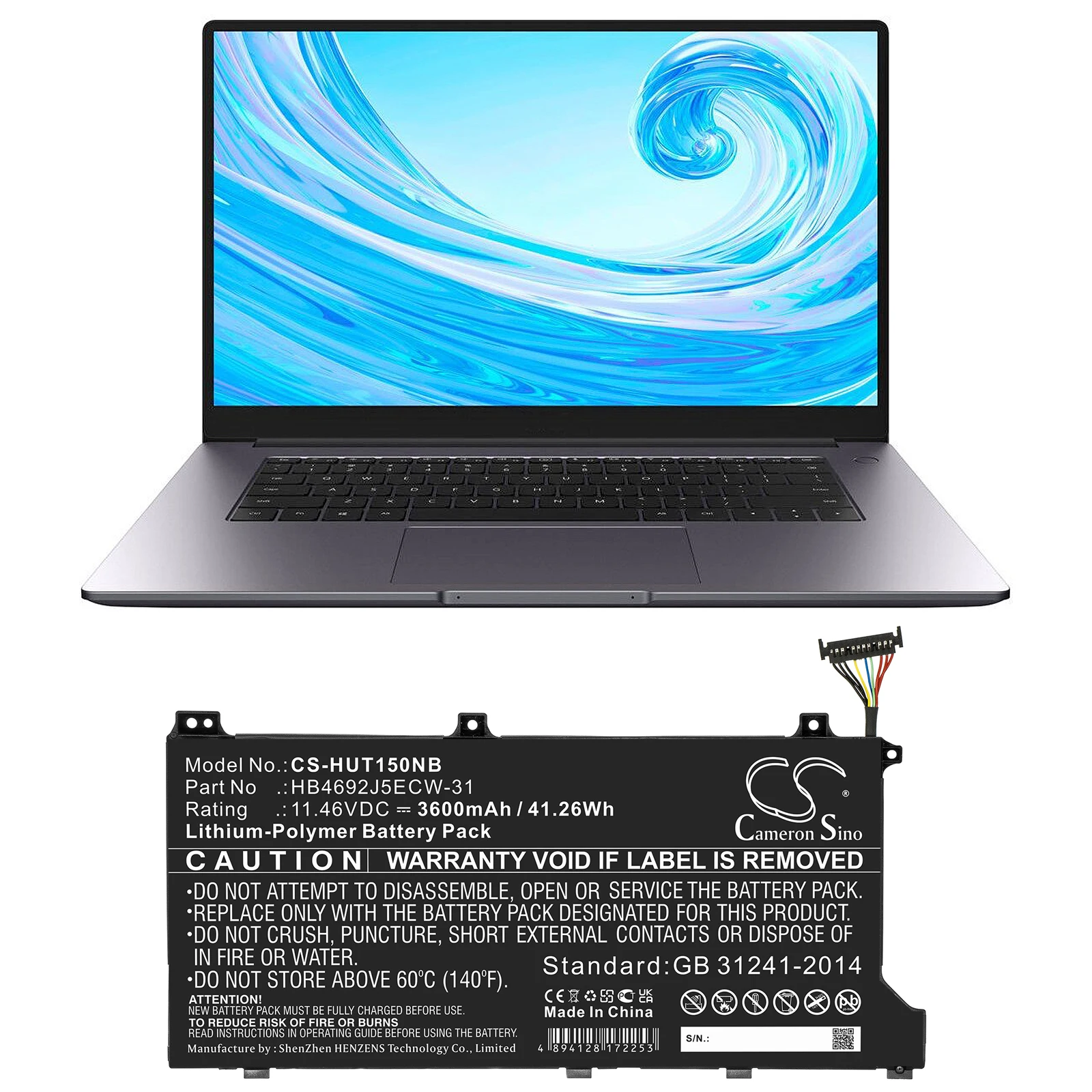 CS Replacement Battery for Huawei MateBook D 15 2020,MateBook D 15,MateBook D 15-53010TUY PN:HB4692J5ECW-31 3600mAh / 41.26Wh