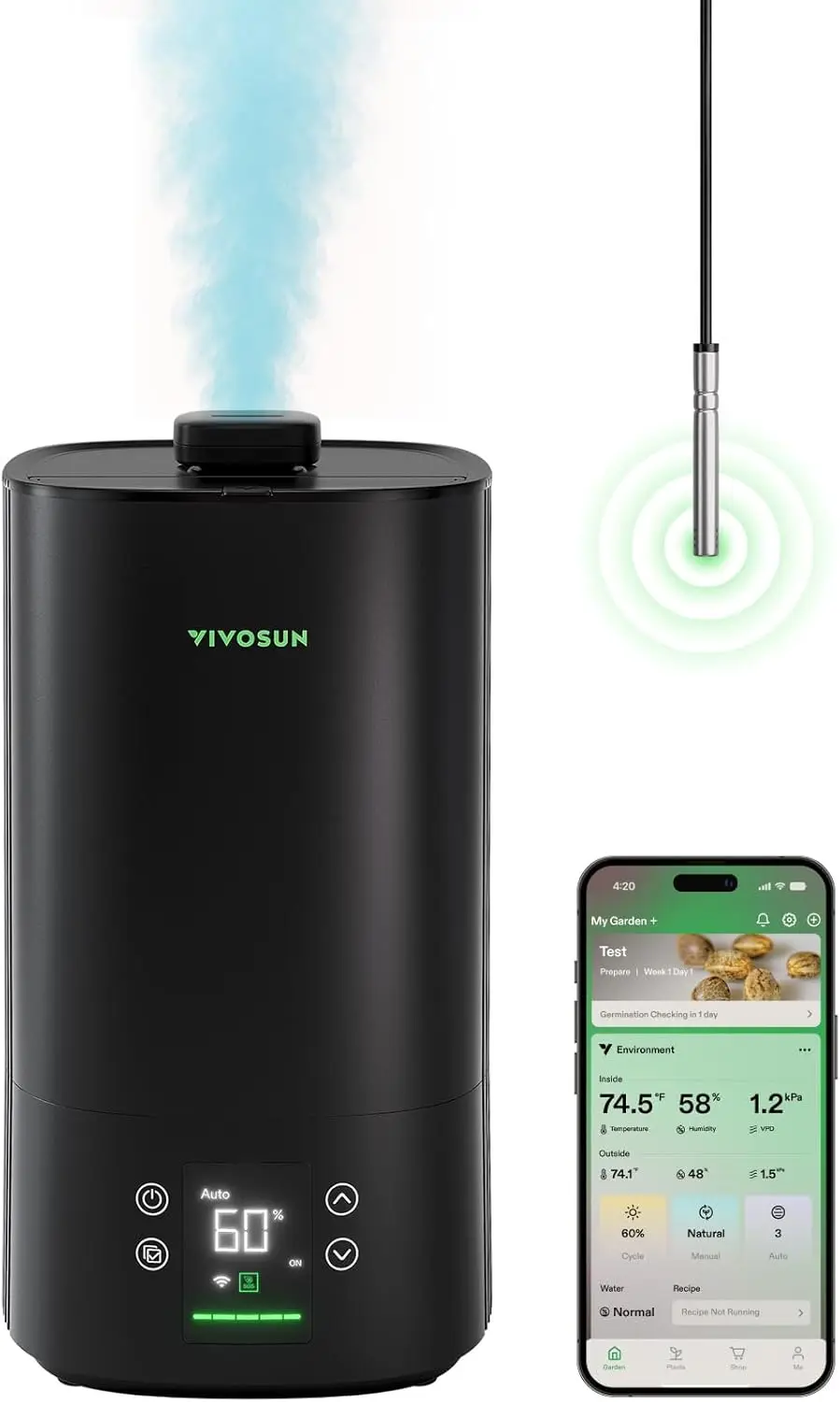 

Smart WiFi Humidifier with Temp & Humidity Probe, 5L Capacity for Grow Tents and Home Use