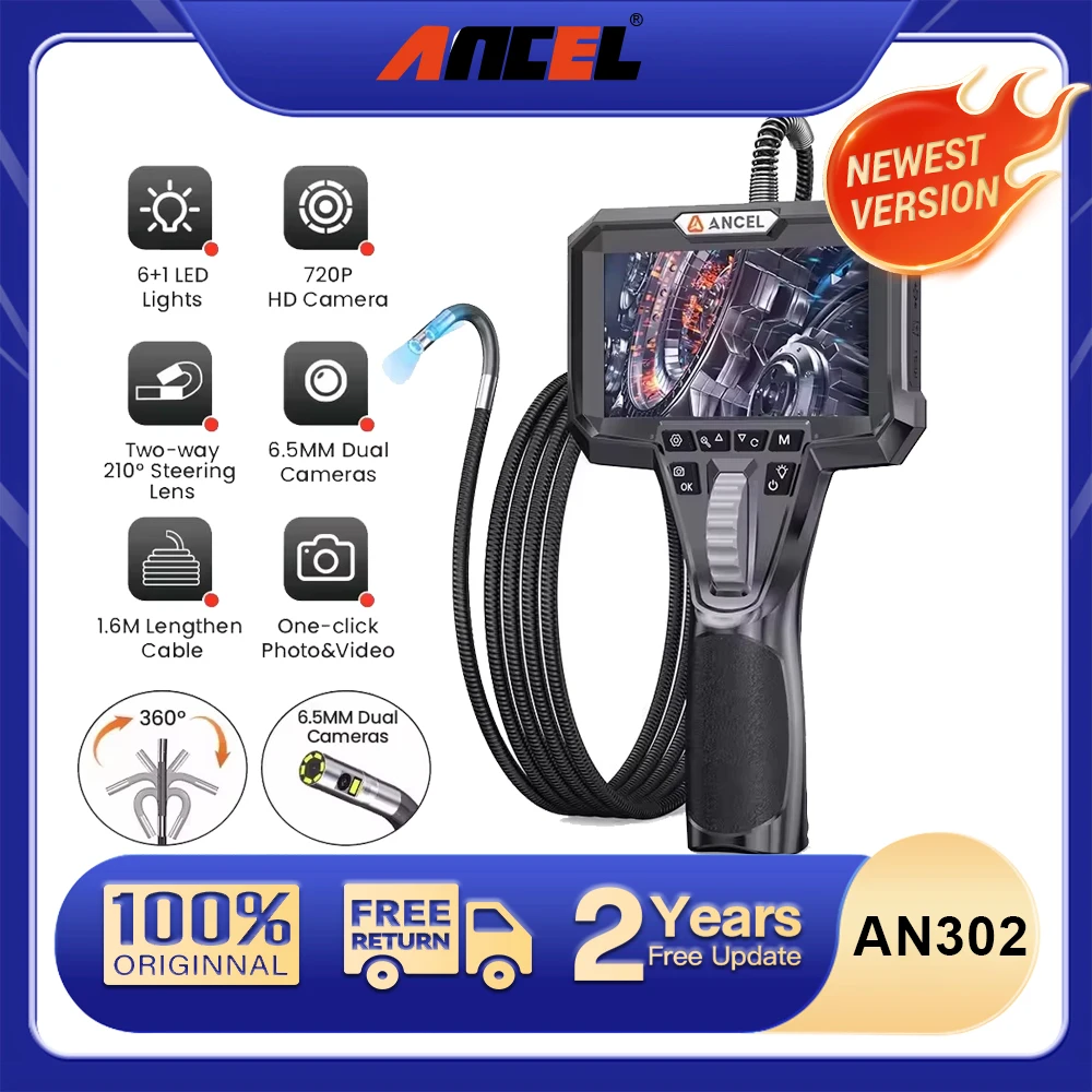

ANCEL AN302 Endoscope 7 LED 6.5mm Lens Lights Dual Camera Two-Way Articulating HD Borescope Inspection Tools For Cars Sewer