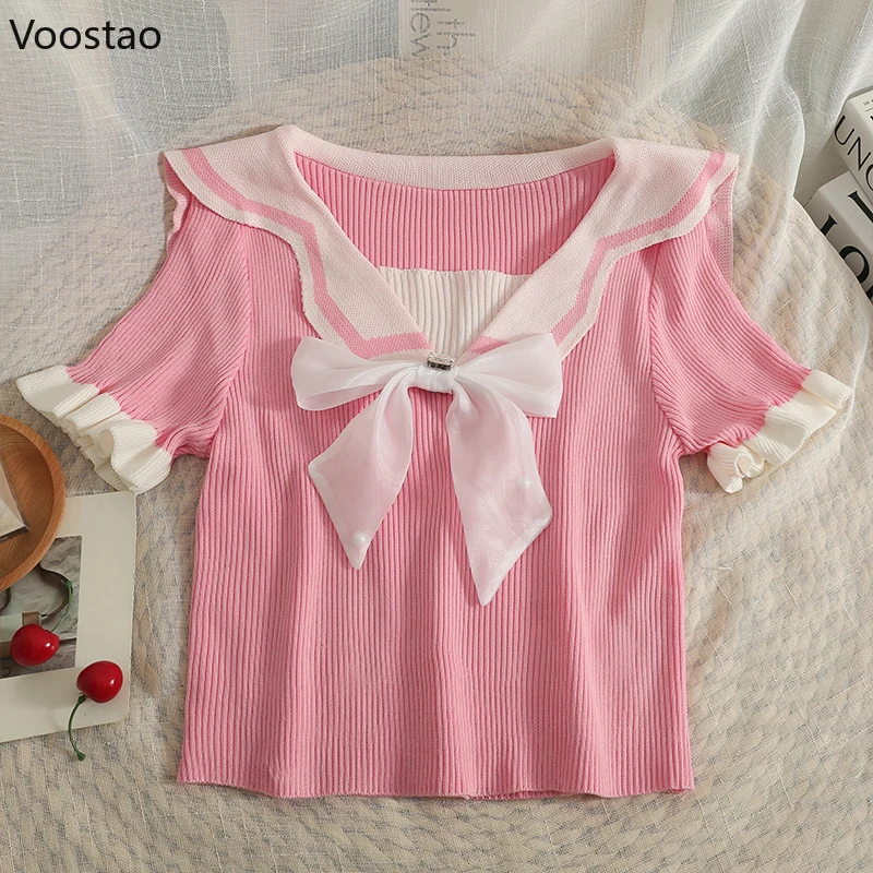 Spring Summer Women Sweet Mesh Bow Sailor Collar Knitted T-shirts Female Elegant Chic Short Sleeve Crop Tops Tops Girly Cute Tee